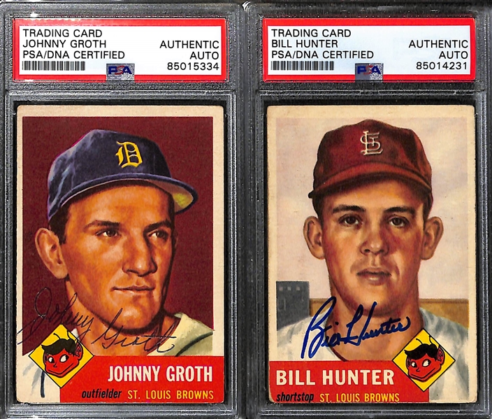 (7) 1953 Topps Signed Cards w. Roy Sievers, Johnny Groth, Bill Hunter, (2) Virgil Trucks, Hank Edwards, and Jim Dyck. (PSA/DNA Certified)